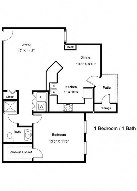 Floor plan for 1 bed, 1 bath, 737 sqft